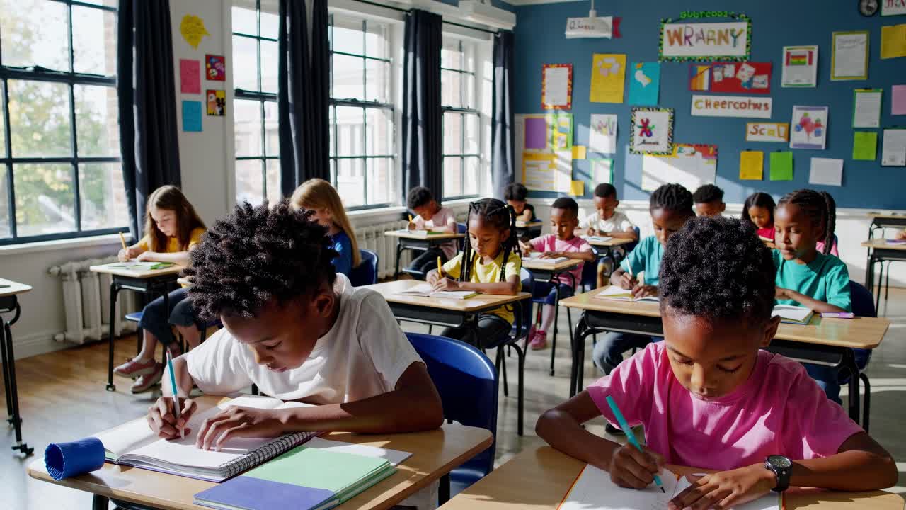 Uma cena de sala de aula iluminada com diversos alunos focados na escrita. Foto tirada de um ângulo lateral