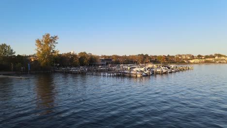 aerial of boats anchored in a pier