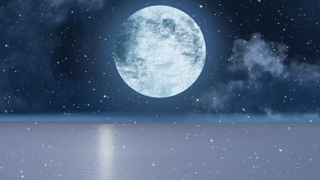 animation of snow falling over moon and winter landscape