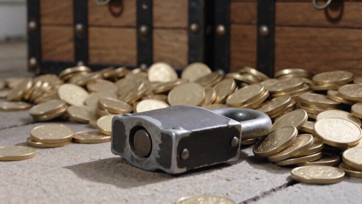 Magnete che rilascia un lucchetto di metallo che cade sul piano del tavolo tra monete d'oro, con due forzieri di legno.