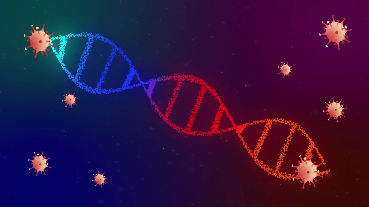 animación de las células de covid 19 que se mueven y la hilera de adn que gira