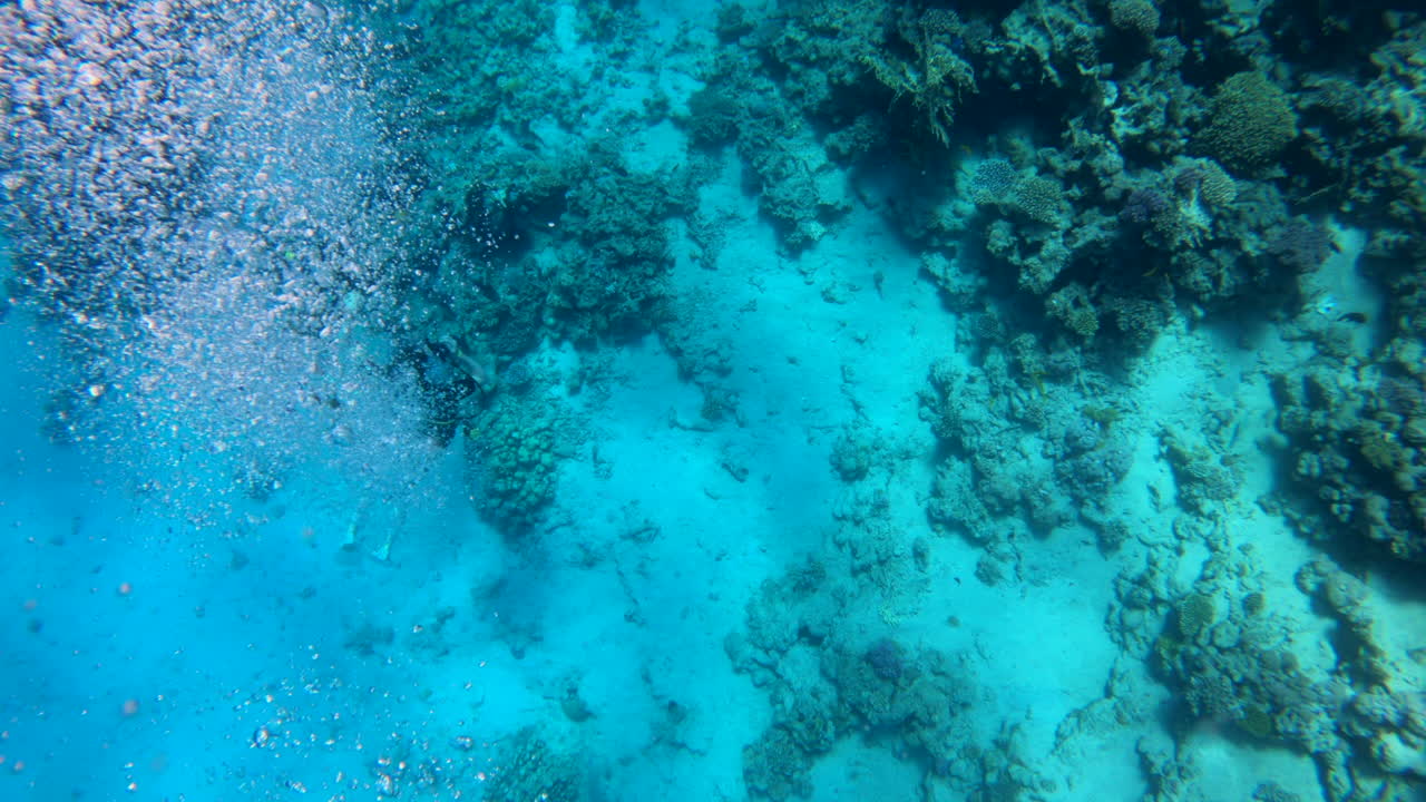 Underwater view of the waves and the bubbles of the red sea