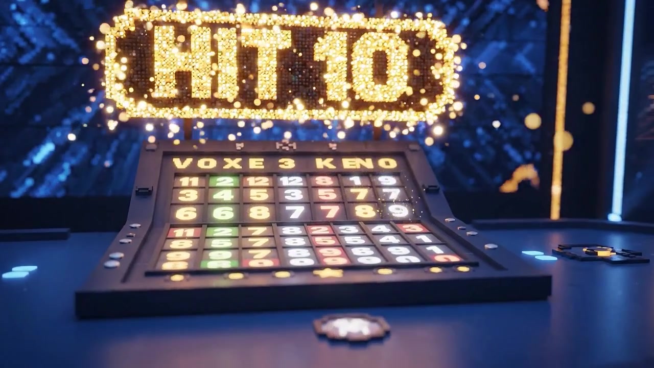 Scena emozionante di una moderna configurazione di gioco con luci brillanti e display colorati per un'esperienza di gioco Keno, catturata nel vivo dell'azione