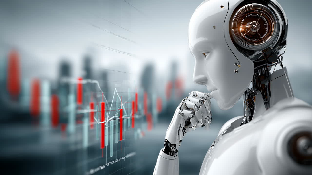 Robot analyzing financial data trends. A humanoid robot is deep in ...