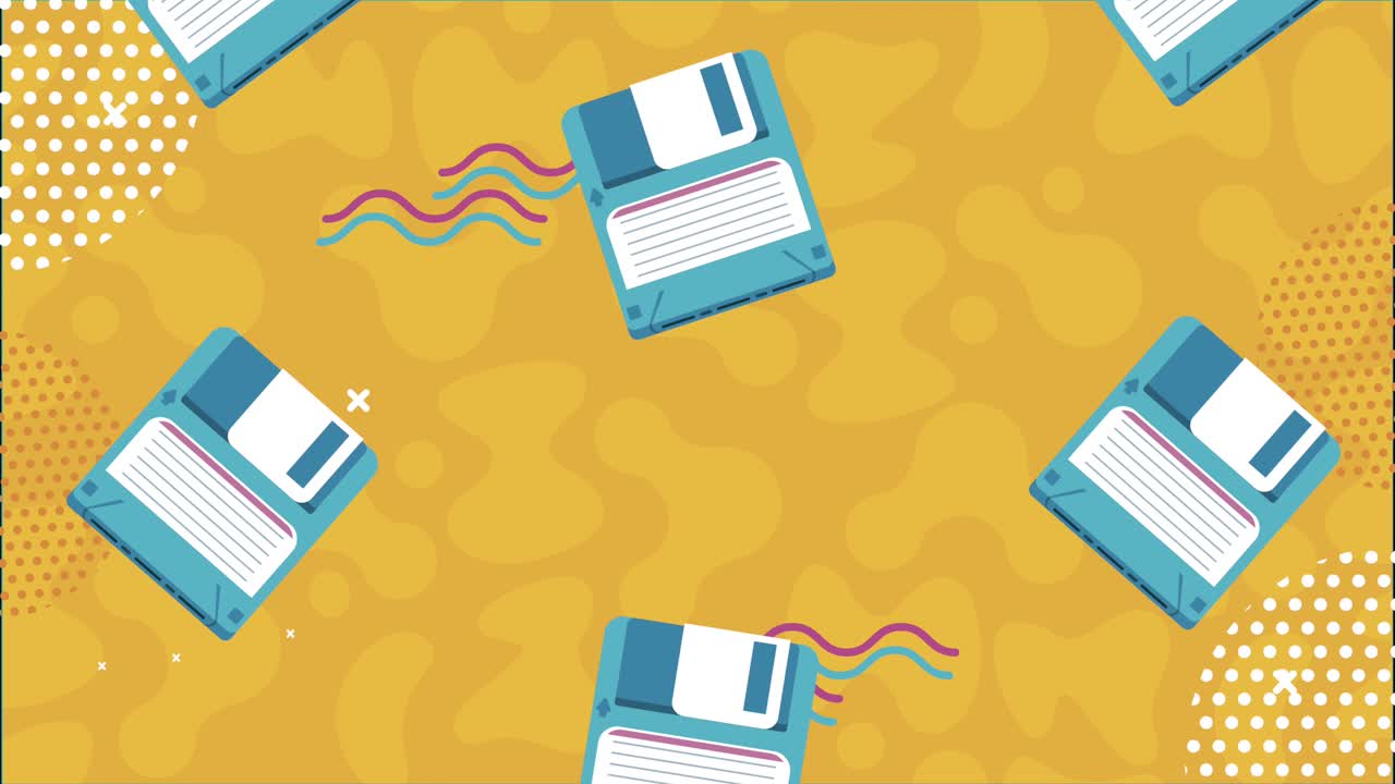 floppy disks in memphis retro style background