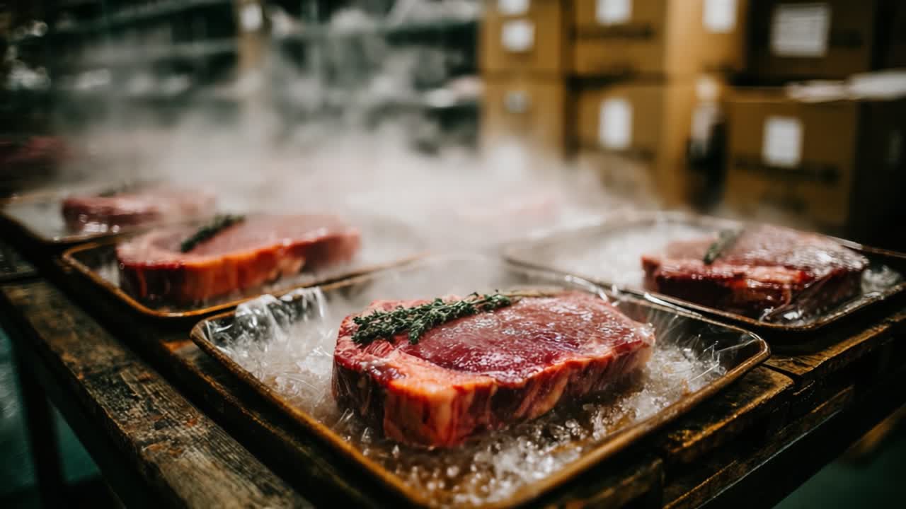 低温貯蔵環境で芳香性ハーブと共に氷の上に陳列された新鮮な肉の切り身が、その品質と調理技術を際立たせている。