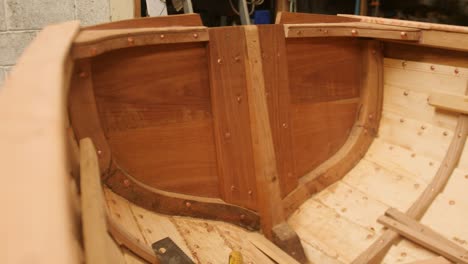 interior view of a wooden boat transom built with iroko