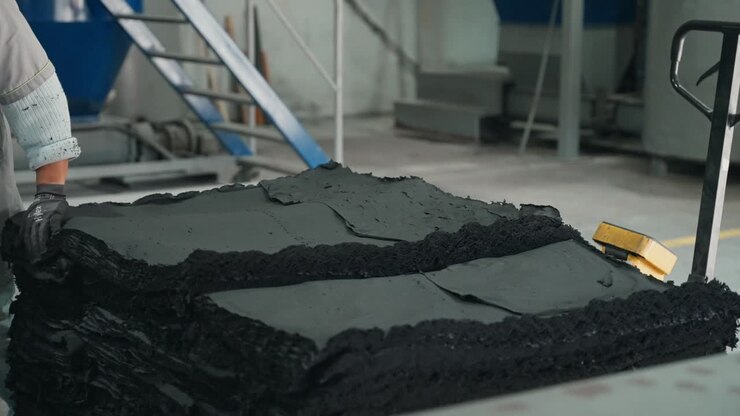 dark recycled rubber sheets stacked on industrial floor