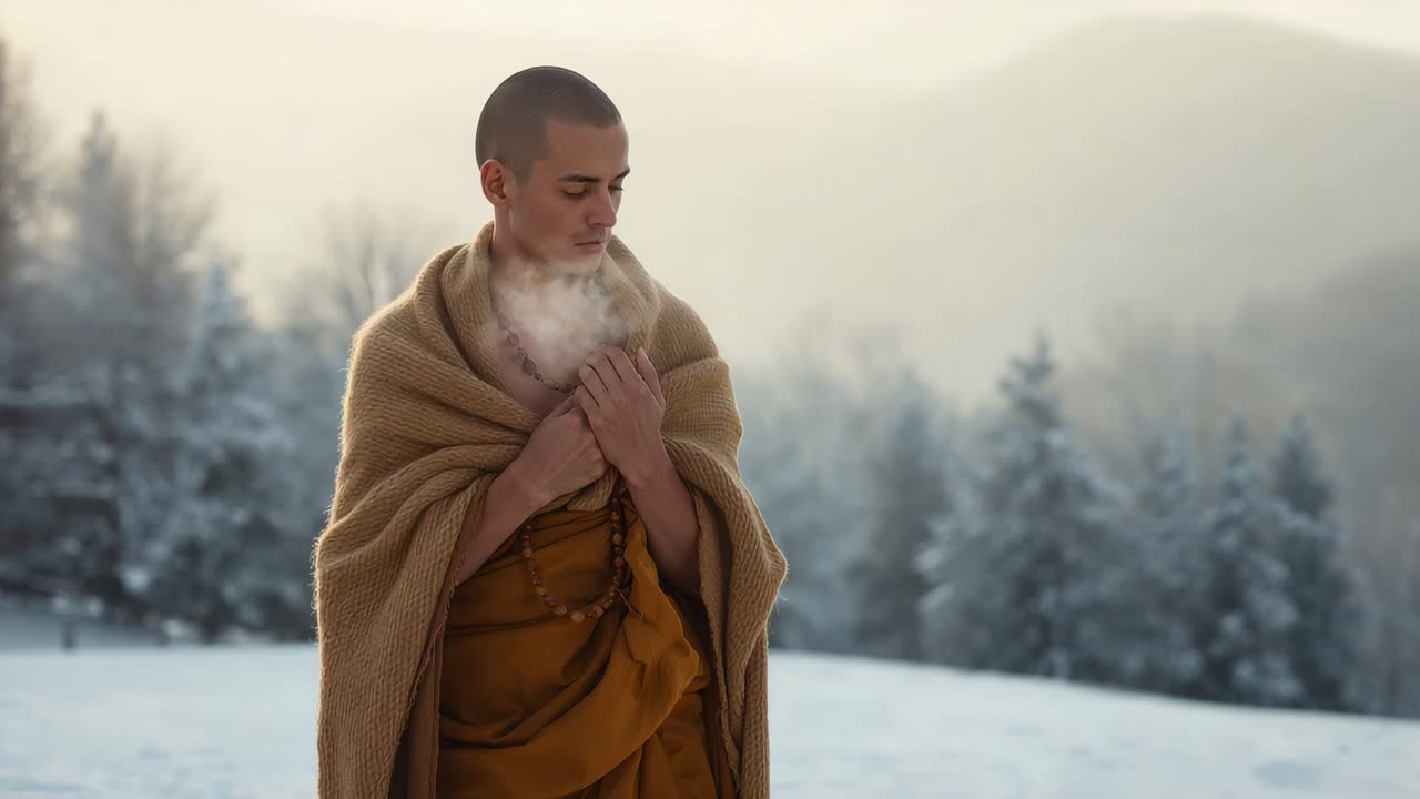 Loosening grip, monk removing blanket to reveal saffron robe and prayer beads in snowy clearing
