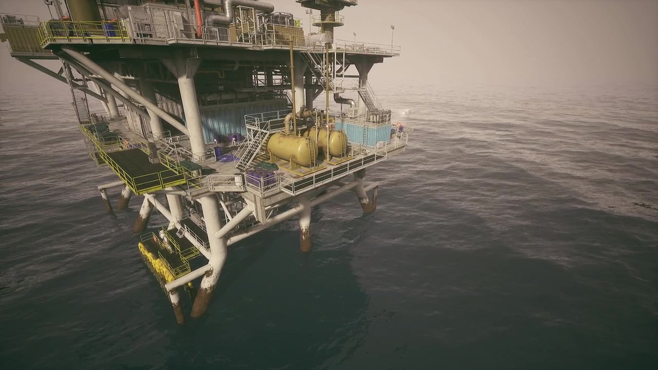 Highangle image capturing entire oil platform and its features