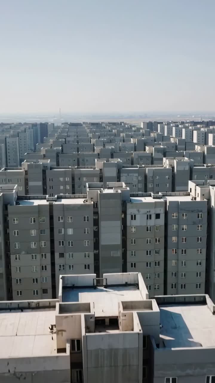Vídeo vertical: Câmera inclinando revelando blocos de habitação no telhado, mostrando saídas de ar e janelas para exibir a grade.