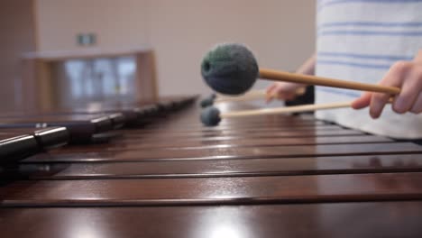 Vista-Lateral-De-Una-Mujer-Tocando-El-Instrumento-De-Marimba-En-El-Interior,-Actuando-En-Orquesta.