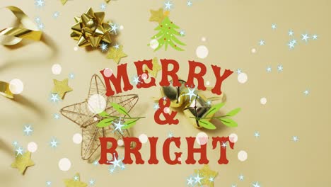 Animation-of-light-spots,-stars-and-merry-and-bright-text-over-christmas-decorations