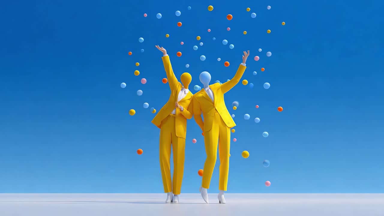 Vibrant Celebration of Joy: Two Colorful Characters in Yellow Suits Enthusiastically Embracing a Playful Atmosphere Filled with Floating Bubbles Against a Bright Sky Backdrop
