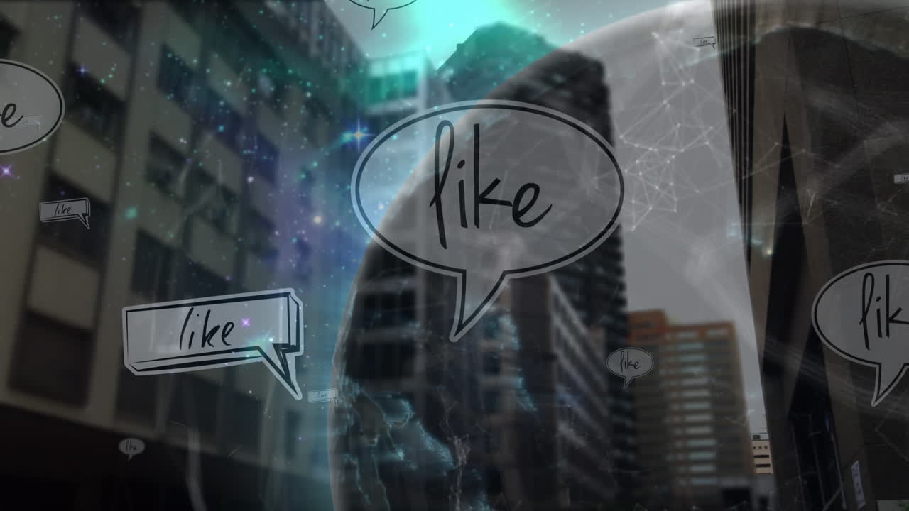 도시 풍경 위에 빛나는 연결 네트워크와 같은 알림과 글로브의 애니메이션