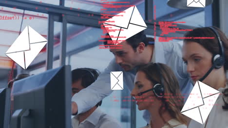 Animation of financial data processing and email icons over people wearing phone headsets