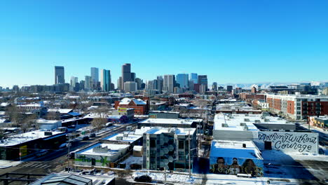 denver's skyline drone dolly away from above the rino art district