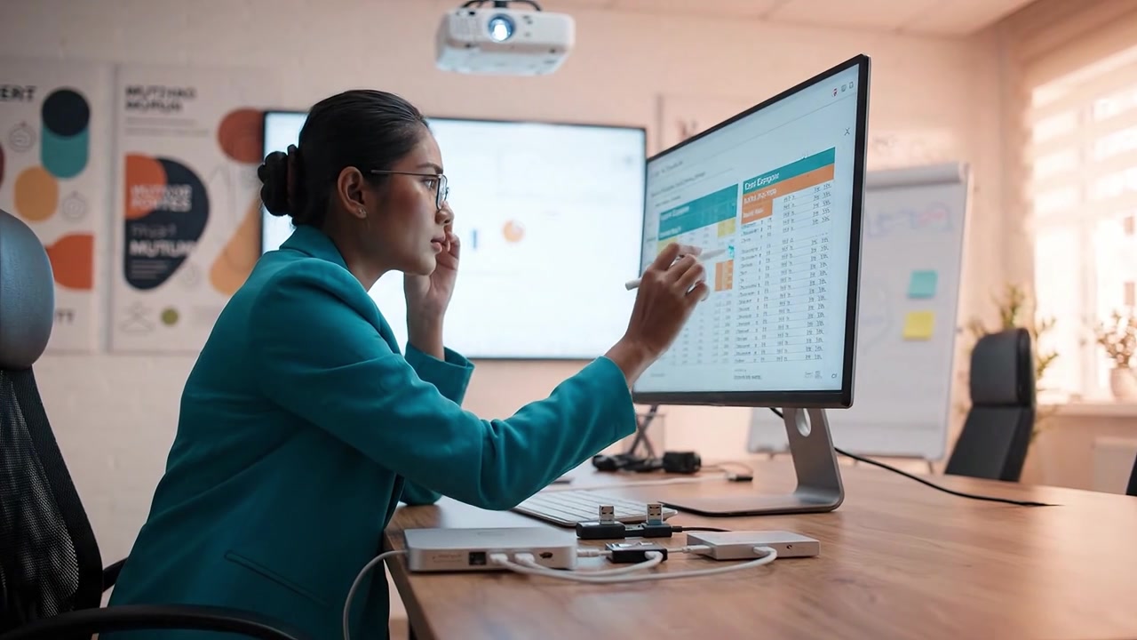 Focused Business Professional Analyzing Data on Computer Screen in Modern Office Environment with Projector Displaying Insights and Charts