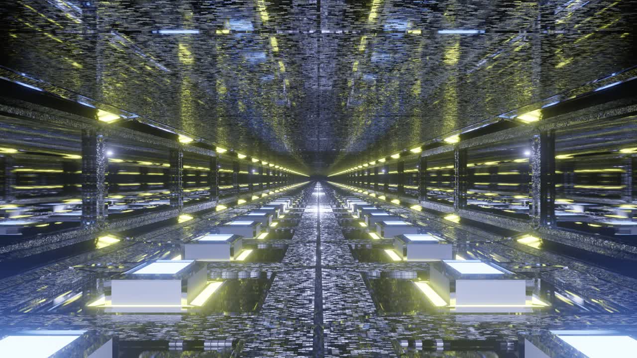 ciencia ficción de gráficos en movimiento: viaje lentamente dentro de un túnel reflectante de vidrio moteado gris largo futurista con pequeñas cajas elevadas y paredes espejadas hacia la luz blanca parpadeante