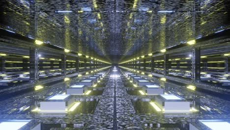 motion graphics sci fi: travel slowly inside futuristic long grey speckled glass reflecting tunnel with raised small boxes and mirrored walls towards white blinking light