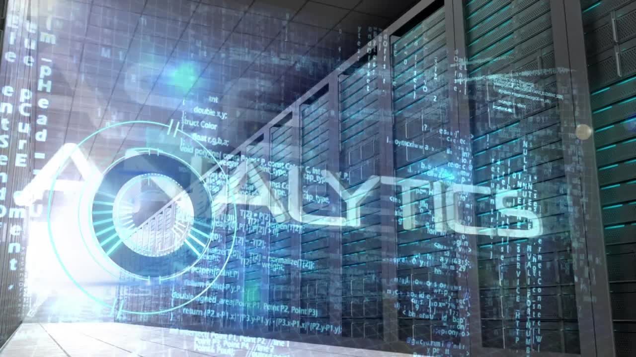 Animation of data processing and loading circle over server room