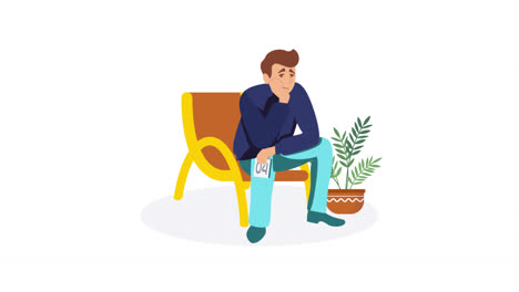 animación de dibujos animados en 2d de un hombre sentado en un sillón sosteniendo un número de boleto y esperando su turno en un fondo blanco