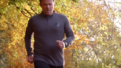 mature man running through autumn landscape in slow motion