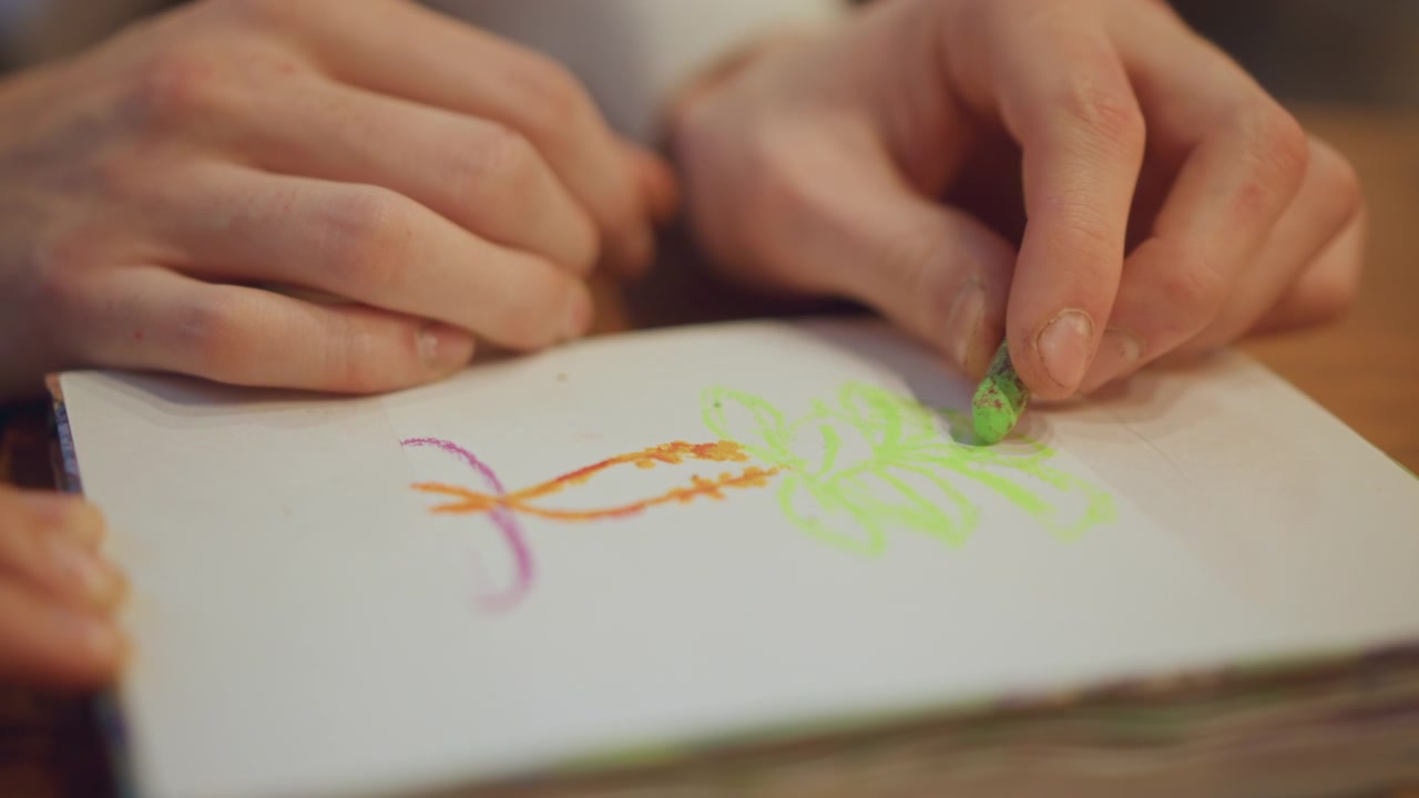 Primo piano di mani che disegnano forme astratte colorate su carta con i pastelli a cera. Una persona usa verde, arancione e viola per creare un semplice disegno a linee con illuminazione soffusa. Lo sfondo è sfocato.