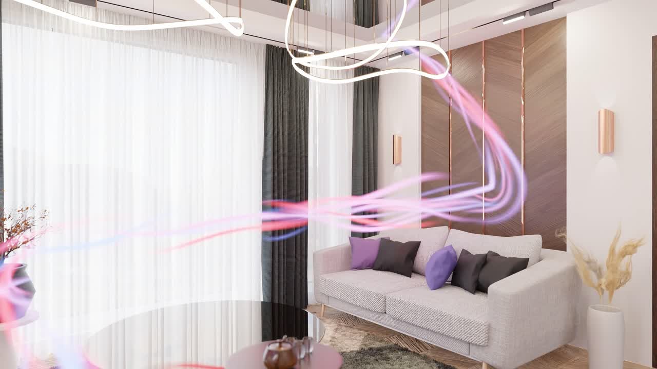 Modern Living Room with Dynamic Light Trails