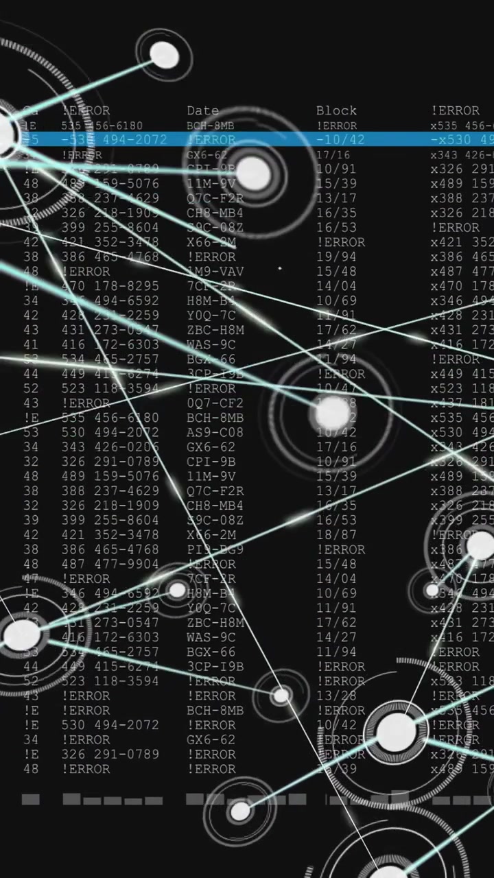 Vertical video: One node appearing lower right starting net nodes pulsing linking revealing data