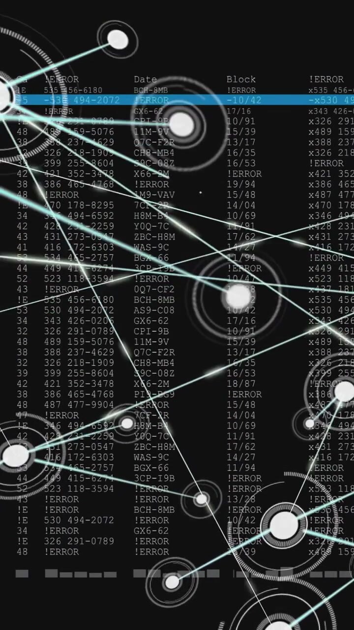 Vertical video: One node appearing lower right starting net nodes pulsing linking revealing data