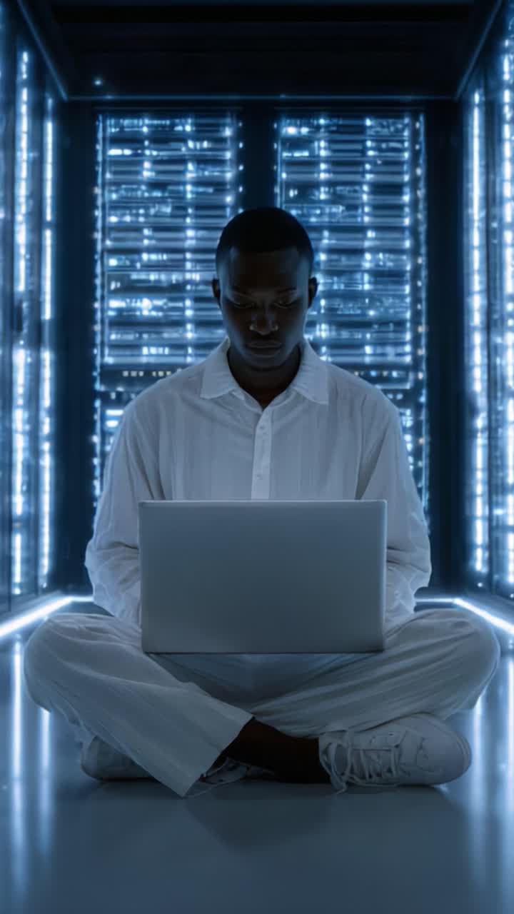 A focused individual sitting cross-legged in a dimly lit, high-tech environment, engaging deeply with a laptop in front of intricate digital storage systems