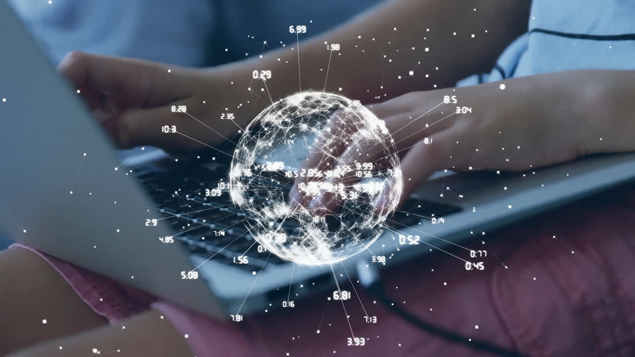 글로벌 네트워크 연결 애니메이션으로 노트북 키보드에서 손으로 타이핑