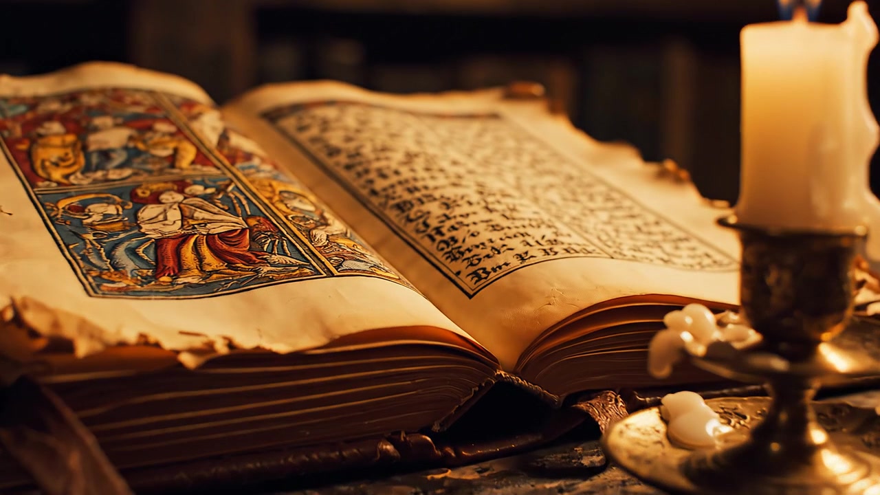 Ancient Medieval Illuminated Manuscript Lit by Candlelight in Dark Study
