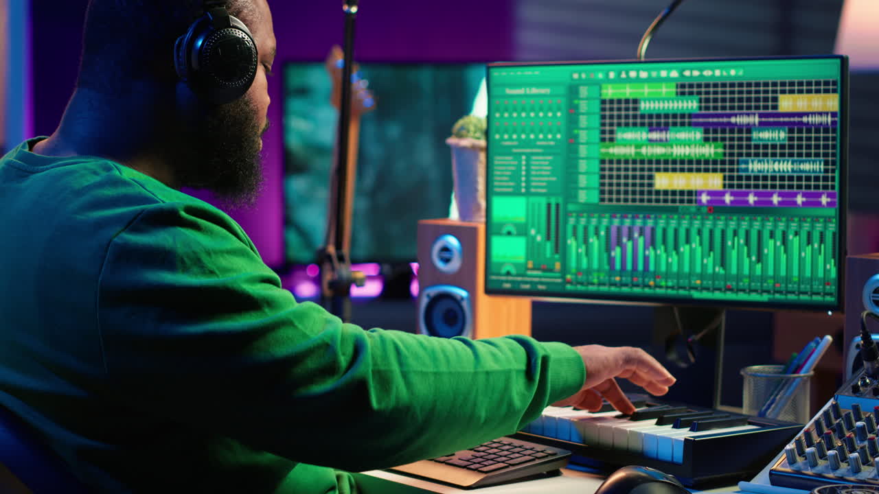 músico tocando teclas de piano y editando para mejorar la calidad de sonido de las grabaciones