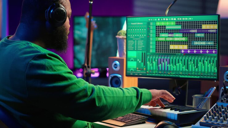 Musician playing piano keys and editing to improve sound quality of recordings