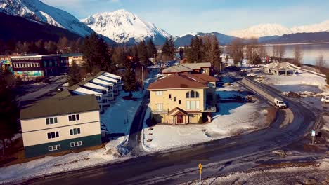 4k drone video of homes in seward, alaska during winter