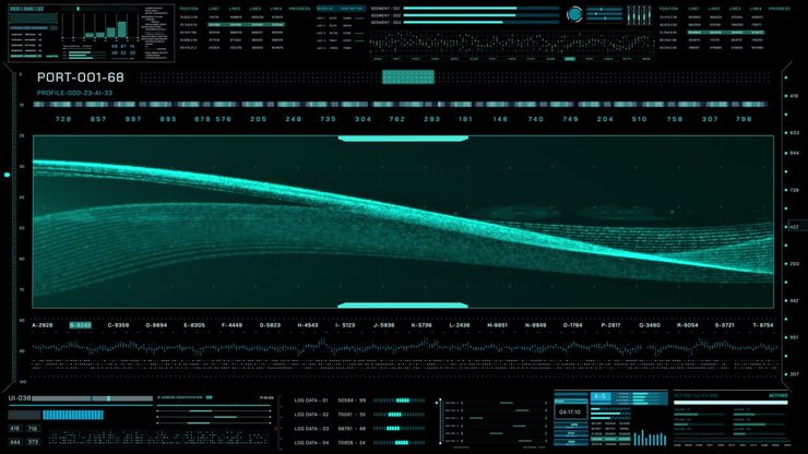 Digital Futuristic Green Sine Wave with HUD Interface Monitor Screen Template. Fluid Wave Swirl Technology Security Communication Graphic 4K Motion.