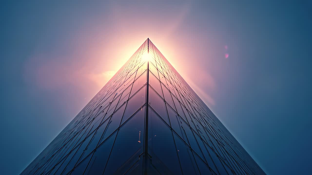 Lighting glass tower corner from low angle, sunlight intensifying behind apex, producing flares