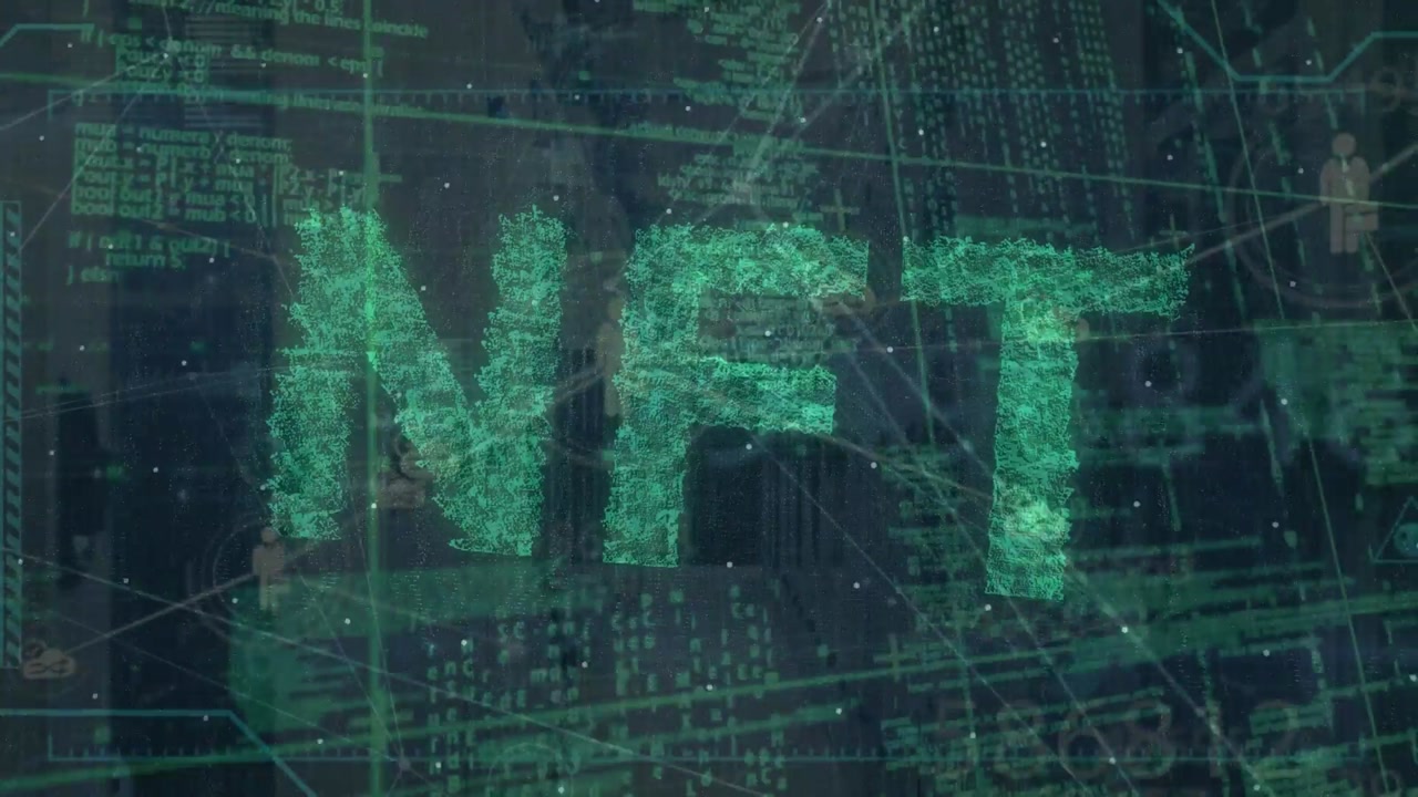 Animazione di rete di connessioni e elaborazione dati con testo NFT su sala server