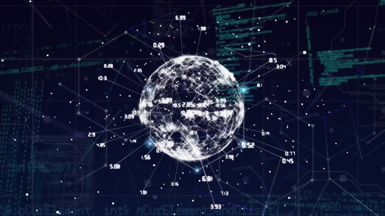 Animation of globe with connections and data processing on black background
