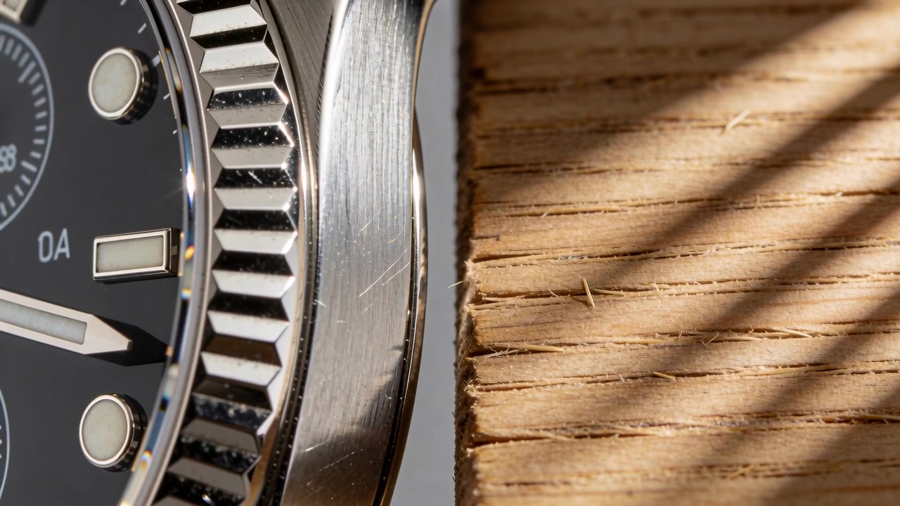Shifting viewpoint metal wristwatch rotating on table, exposing dial and grooved wood, copy space