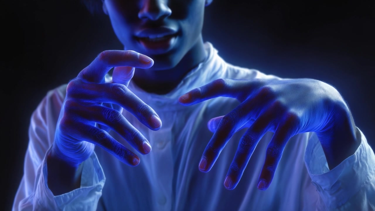 A mesmerizing exploration of ethereal hands illuminated by blue light, showcasing artistic expression and the interplay of light and shadow, capturing a moment of creativity.