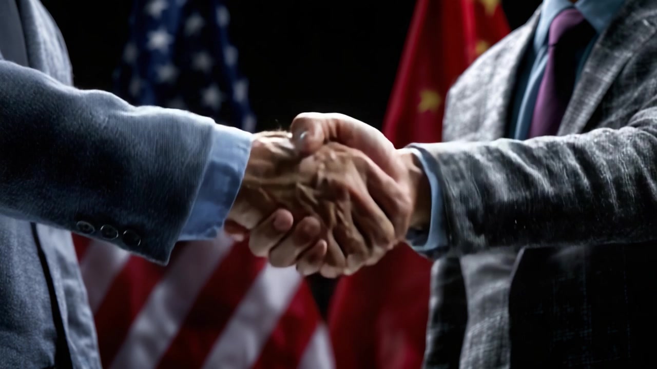 Une poignée de main historique symbolisant les relations diplomatiques entre deux grandes nations : les États-Unis et la Chine, représentant la coopération et l'unité dans les affaires mondiales.