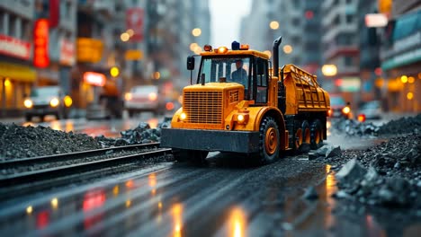 toy construction vehicle navigating wet urban streets at dusk