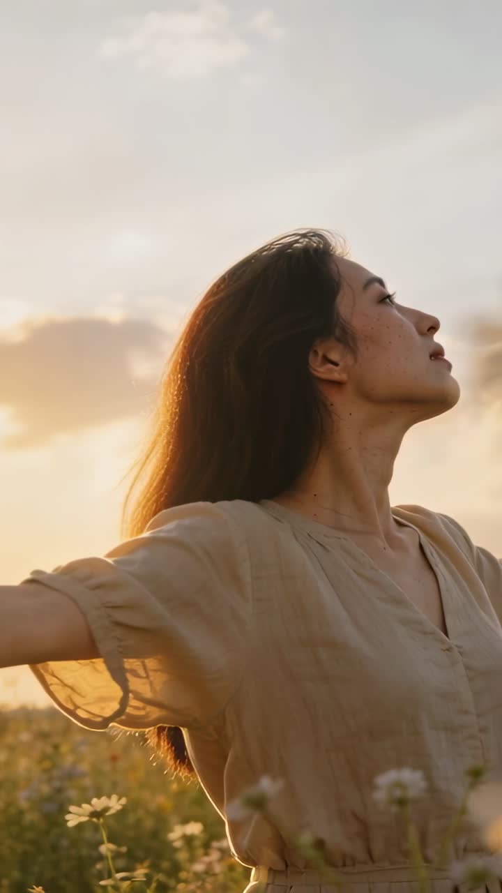 Video vertical: Apertura, mujer levantando la cabeza en un campo de margaritas, sol bajo incitando, con vestido beige y colgante.