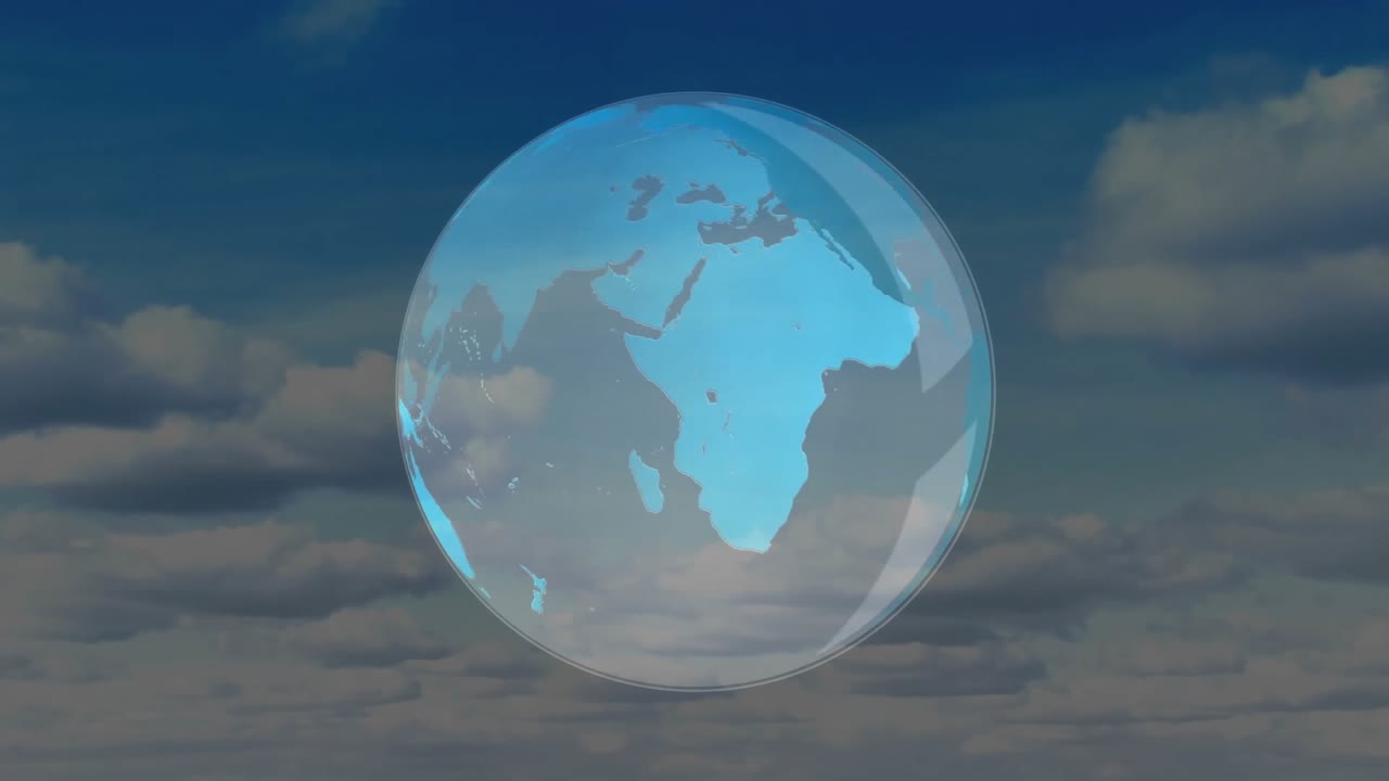 All'avvio, un globo 3D rivolto verso l'Atlantico ruota verso est spostandosi verso l'Europa, rappresentando la rotazione terrestre