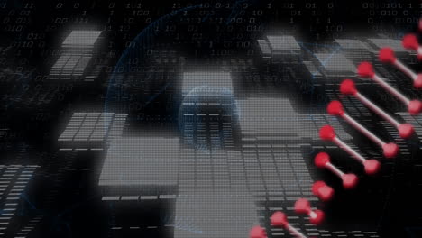digital globe with binary code and molecular structure animation on dark background