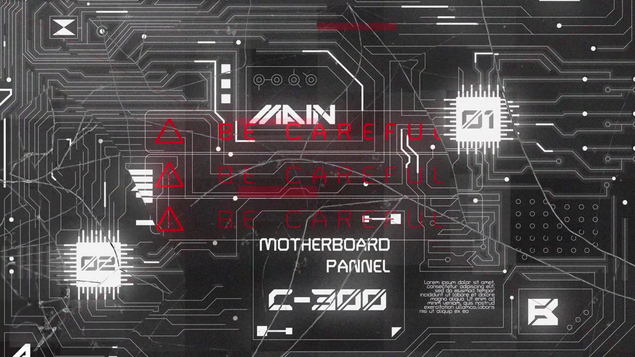 Animated Futuristic HUD with Circuit Board and Warning Signals