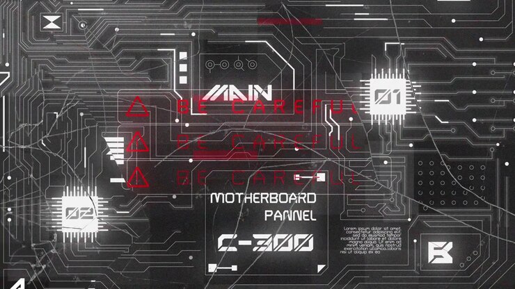 Animated Futuristic HUD with Circuit Board and Warning Signals